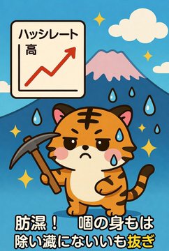 A cartoon tiger character holding a pickaxe, sweating in the rain near Mt. Fuji, with a rising chart labeled 'ハッシュレート' (hash rate) and Japanese text below about waterproofing.