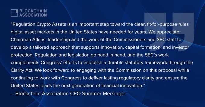 A graphic from the Blockchain Association featuring a quote from CEO Summer Mersinger praising the SEC's release of Regulation Crypto Assets, with large stylized "BA" letters visible in the dark blue background.