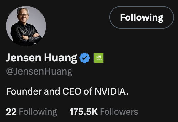 A Twitter/X profile for 'Jensen Huang' (@JensenHuang), identifying him as 'Founder and CEO of NVIDIA,' with 175.5K Followers.