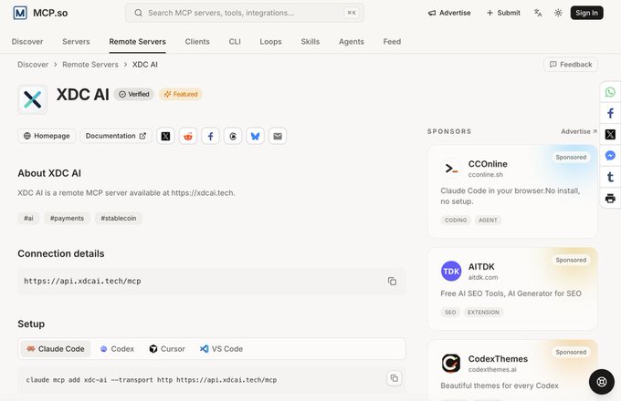 MCP.so webpage listing 'XDC AI' as a verified Featured remote MCP server at https://api.xdcai.tech/mcp, with setup instructions for Claude Code, Codex, Cursor, and VS Code.