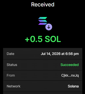 This image shows a successful receipt of +0.5 SOL on July 14, 2026, which is then used to purchase 5 million $BULLKITTY as advertised in the accompanying post.