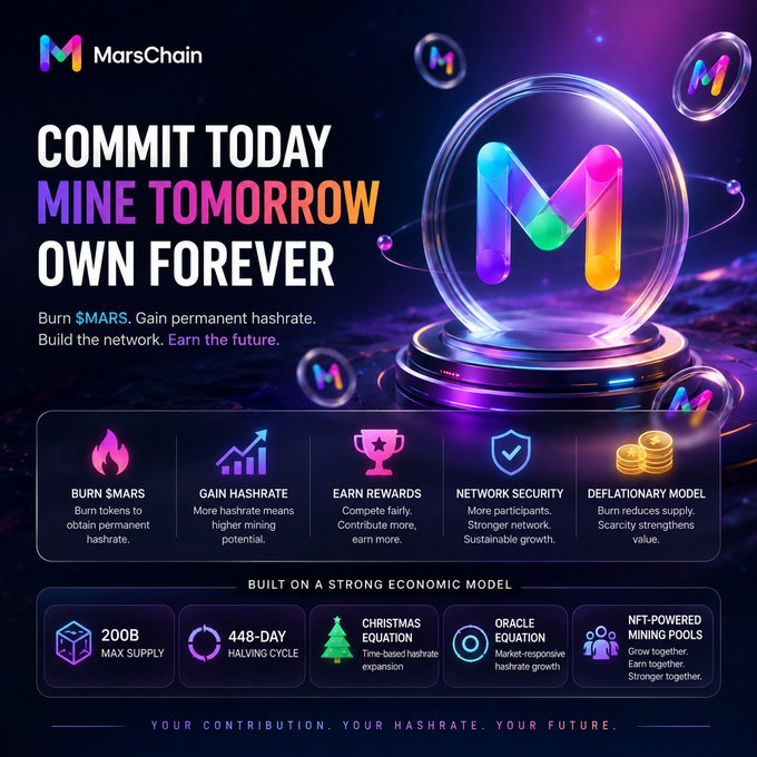 A promotional graphic for 'MarsChain' cryptocurrency, displaying the text 'COMMIT TODAY MINE TOMORROW OWN FOREVER' with details about burning $MARS for permanent hashrate and a 200B max supply.