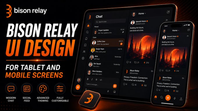 An advertisement for 'BISON RELAY UI DESIGN' featuring dark-themed chat app interfaces on tablet and mobile screens with orange accents and features listed like Modern Chat, Social Feed, and Advanced Theming.