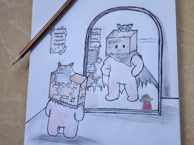 A hand-drawn pencil sketch of a chubby cartoon character with a backpack looking in a mirror, with visible text including 'UNIKOPN Tonyy Legeno' and 'BUILT DIFRANT MADE FOPANE'.
