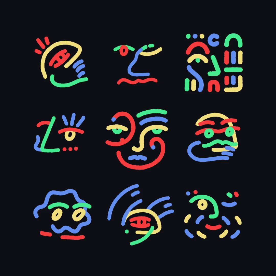 The image features a collection of nine different faces drawn with lines and colors, creating an abstract art style. The faces are arranged in a grid format against a black background, making them stand out prominently. The text "one hour left. onchain co-creation closes at 3pm ET." suggests that there is still some time remaining before the end of the session. Additionally, the post mentions that the studio will be locked and the permanent collection sealed after three o'clock. This implies that the artist has completed their work for the day and it's time to wrap up for the evening.