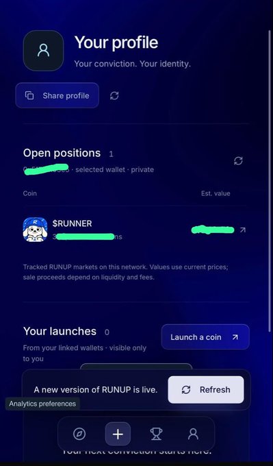 A screenshot of a mobile app profile page titled 'Your profile: Your conviction. Your identity.' showing an open position for a token called '$RUNNER' with a 'Refresh' notification.