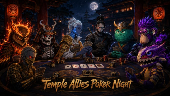 A diverse lineup of mythical warriors, beasts, and oni gather around a moonlit card table for a high-stakes game, with the text "Temple Allies Poker Night" displayed at the bottom. The scene visually captures the playful, crossover community event where holders of various NFT projects—including Shaolin Saga, Owltopia, Shini Realms, SempireDAO, and DecentricNFT—compete for a stacked prize pool of NFTs.