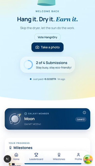 A mobile app screen titled 'WELCOME BACK' with the tagline 'Hang it. Dry it. Earn it.' for a 'Vote HangDry' eco-friendly laundry campaign, showing '2 of 4 Submissions', a recent payout of '+9.02 BSTR', and a 'GALAXY MEMBER' profile named 'Moon' at Level 2.