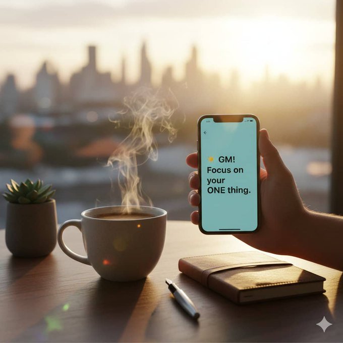 A hand holds a smartphone displaying the text "GM! Focus on your ONE thing." beside a steaming cup of coffee, a notebook, and a succulent plant, with a city skyline visible through the window at sunrise.