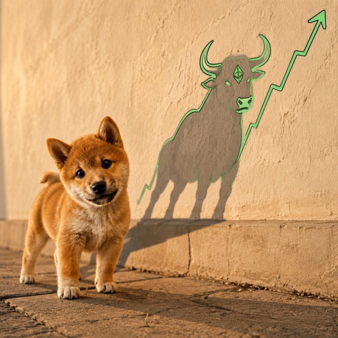 A Shiba Inu puppy standing on a tiled floor in front of a wall, beside a neon green outline of a bull with an upward-pointing arrow.