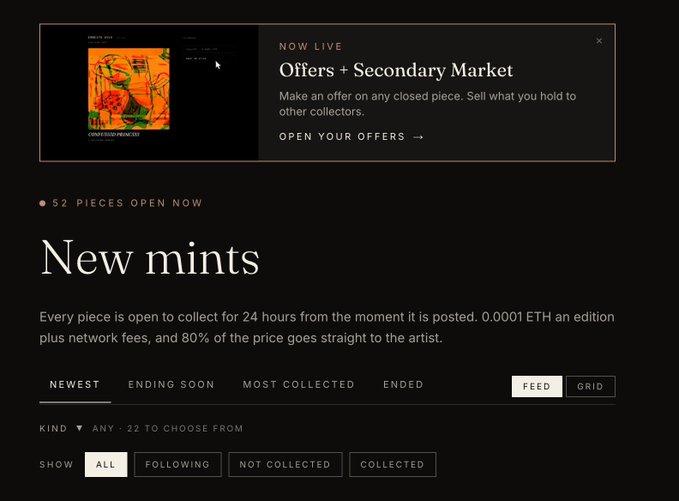 A webpage interface for a digital art marketplace displays '52 PIECES OPEN NOW' under the heading 'New mints,' with navigation tabs like 'NEWEST,' 'ENDING SOON,' and a banner promoting 'Offers + Secondary Market.'