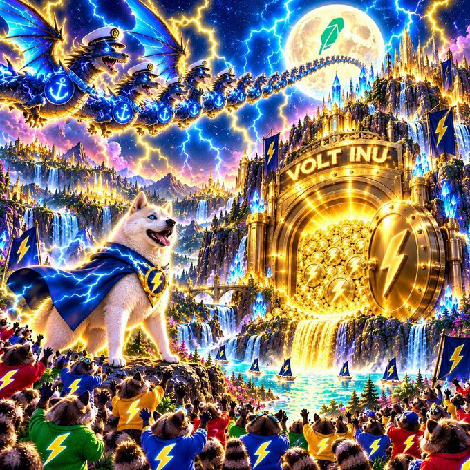 A vibrant fantasy digital artwork featuring a giant Shiba Inu dog wearing a blue lightning-bolt cape standing before a golden vault labeled 'VOLT INU' filled with coins, surrounded by crowds of anthropomorphic dog characters in lightning-themed clothing.