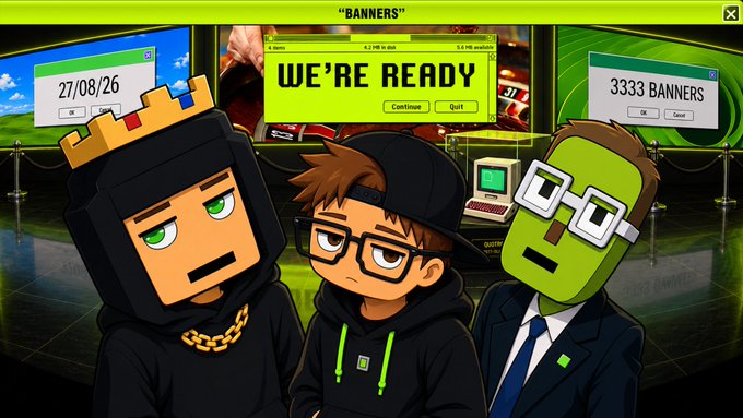 A cartoon-style digital illustration featuring three stylized characters, with a 'WE'RE READY' dialog box, a date '27/08/26', and the title 'BANNERS' at the top.