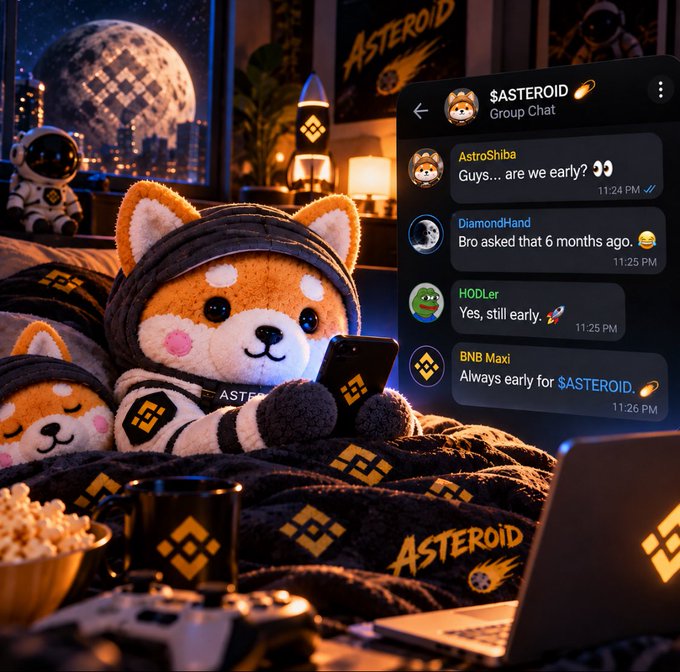 A plush Shiba Inu toy in a spacesuit sits on a bed under a moon lamp, with a chat interface overlay showing a '$ASTEROID' group chat with users 'AstroShiba', 'DiamondHand', 'HODLer', and 'BNB Maxi'.