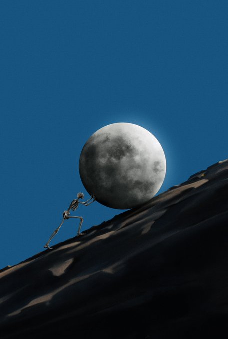 A surreal illustration of a small skeleton pushing a large, detailed full moon across a steep, dark mountain slope under a clear blue sky.