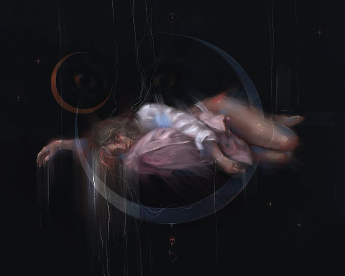 A dark, surreal digital painting depicting a floating woman in a pink dress surrounded by glowing particles, crescent moons, and celestial symbols against a black background.