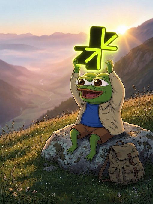 An illustration of Pepe the Frog dressed in an explorer's outfit, sitting on a mossy rock in a mountain landscape while holding up a glowing version of the same geometric arrow/cross logo above his head, with a backpack beside him.