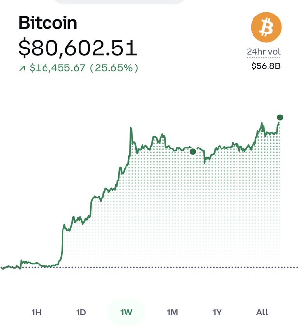 A Bitcoin price chart showing BTC at $80,602.51, up $16,455.67 (25.65%) with a 24-hour volume of $56.8B, displaying a strong upward weekly trend.