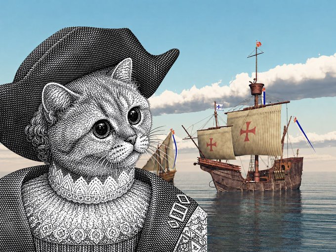 A black-and-white sketched cat wearing an explorer's hat and ruffled collar stands in the foreground, while historical sailing ships bearing red cross flags (resembling Christopher Columbus's vessels) sail on the sea behind, visually echoing the post's playful reference to "$HELIA the explorer" as a quirky, Columbus-like adventurer.
