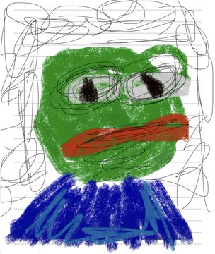 A child's digital drawing of a green frog-like character wearing glasses, with messy scribbled hair and a blue body.