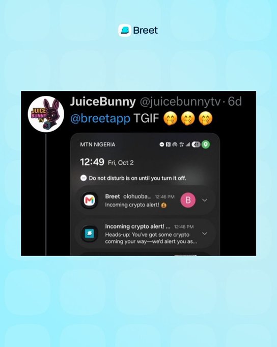 A screenshot of a social media post from JuiceBunny (@juicebunnytv) showing a phone notification screen for 'Breett' with 'Incoming crypto alert!' messages displayed.