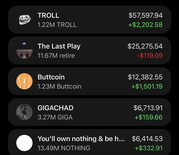 A crypto portfolio tracker shows holdings in TROLL ($57,597.94, +$2,202.58), The Last Play retire ($25,275.54, -$119.09), Buttcoin ($12,382.55, +$1,501.19), GIGACHAD ($6,713.91, +$159.66), and "You'll own nothing & be h..." ($6,414.53, +$332.91), illustrating how a low-effort DCA strategy into meme coins has produced substantial gains, reinforcing the message that patience outperforms most crypto traders.