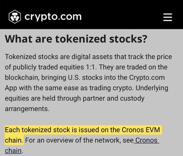 The image features a text box that states "BREAKING: @Cronos Network Introduces tokenized stocks issued on Cronos EVM". The post has been shared, and the caption reads "#CRONOSEVM" or "@CronosNetwork", which implies it's about cryptocurrency-related news. It seems that someone is discussing a new development in trading platforms using tokenized stocks as an example of how to enhance security measures for blockchain transactions.