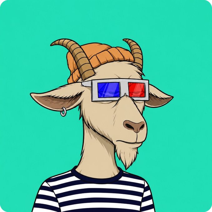 A cartoon illustration of a goat wearing an orange beanie, 3D glasses, and a striped black-and-white shirt against a solid teal background.