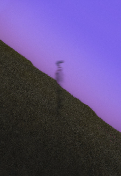 A blurred, atmospheric photograph of a solitary figure walking along a dark, grassy ridge against a smooth, gradient purple sky.