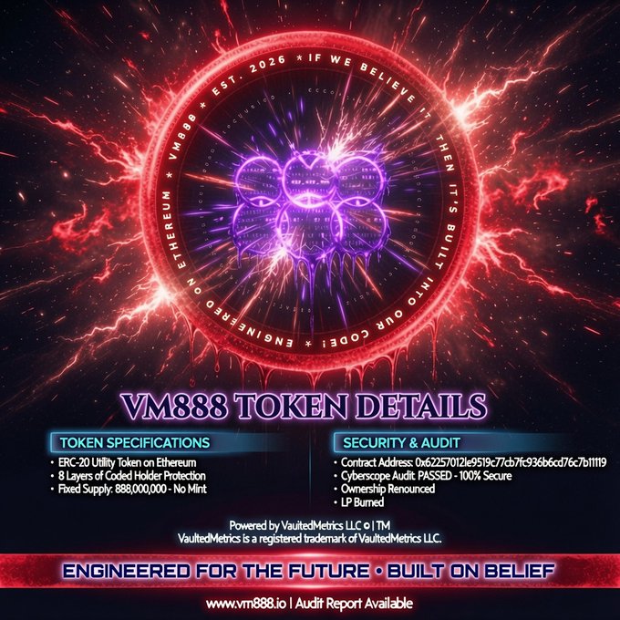 A promotional graphic for 'VM888 TOKEN DETAILS' featuring token specifications like ERC-20 Utility Token on Ethereum with 888,000,000 fixed supply, and security audit information.