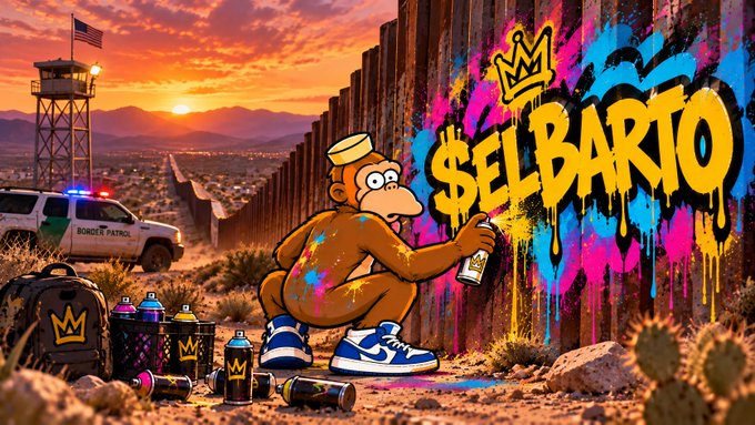 A cartoon-style illustration of a monkey graffiti artist spray-painting '$ELBARTO' with a crown on a desert border wall, with a Border Patrol vehicle and watchtower in the background at sunset.