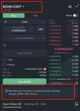 A Binance trading interface for the BONK/USDT pair displaying a "Risk Warning: This token is associated with a hacking incident, DYOR" alert beneath the buy order form. The user is showing the warning as evidence to request its removal from all BONK trading pairs.