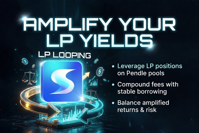 An image promoting a "LP Looping" strategy with the headline "Amplify Your LP Yields," featuring a stylized "S" logo alongside bullet points highlighting leveraged Pendle pool positions, compounded stable borrowing fees, and balanced amplified returns—all visually echoing the post's mention of TermMaxFi's leverage-driven yield enhancement through Pendle pool exposure.