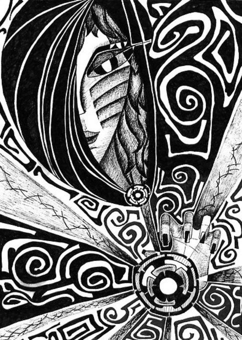 A black and white illustration depicts a hooded figure with braided hair beside large decorative letters, with a hand reaching toward a circular portal at the bottom of the design.