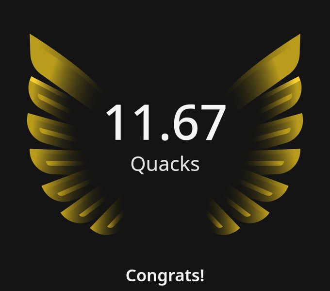 This poster shows two yellow wings with black text inside of them celebrating 11.67 Quacks from @wallchain, indicating a successful score or accomplishment related to the Quack achievement challenge. The quote "Good night, Friends. Another _______ Quacks from @wallchain" emphasizes that this is an ongoing event and encourages followers to continue participating in future Quack challenges for a chance to win exciting prizes or receive special rewards.