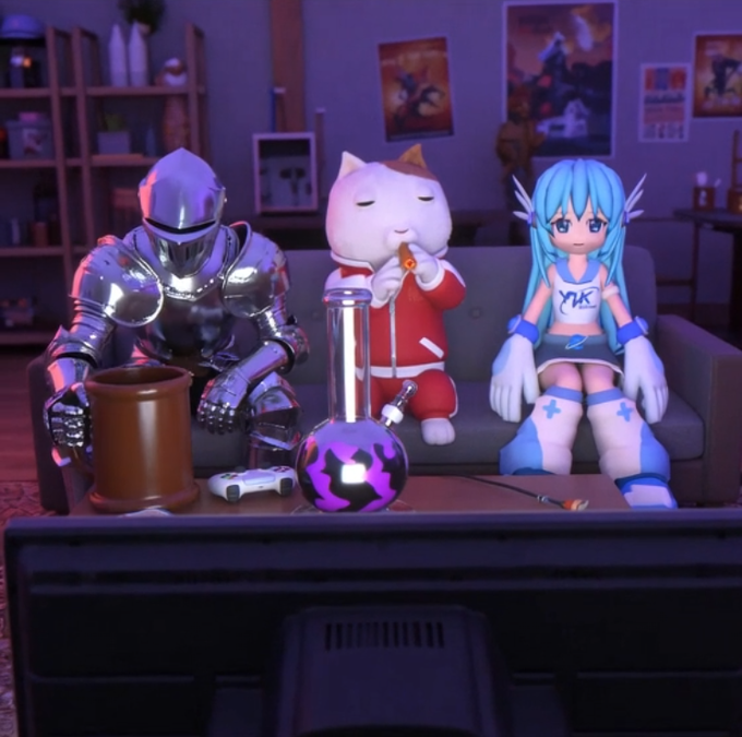 A 3D rendered scene of three characters—a knight in silver armor, a white cat-like figure in a red coat, and a blue-haired anime-style girl—sitting on a couch watching television.