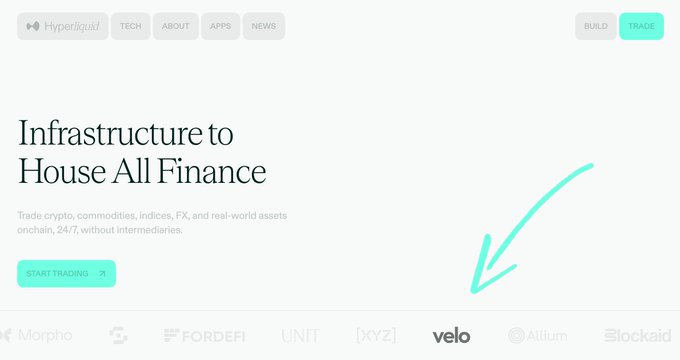 The image shows the Hyperliquid website homepage with the tagline "Infrastructure to House All Finance," and a hand-drawn arrow points to the logo "velo" among the partner logos at the bottom, revealing the four-letter answer to the riddle that starts with "v" (Velo).