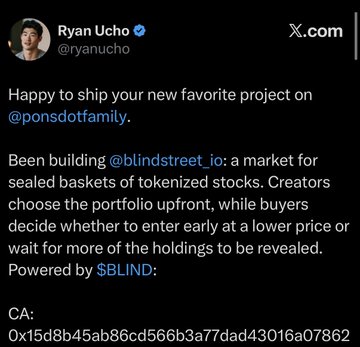 A screenshot of an X (formerly Twitter) post by Ryan Ucho (@ryanucho) announcing a new project on @ponsdotfamily and @blindstreet_io, including a contract address.