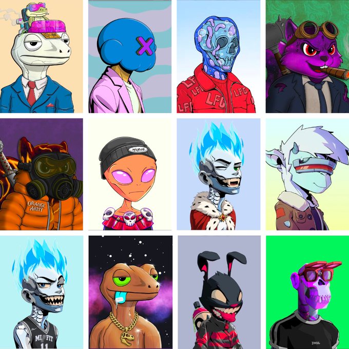 A 4x3 grid collage of colorful Solana NFT character illustrations, including labeled figures such as "LFG," "VILLAIN," "ORANGE ARMY," "MISFITS," and "THUG," showcasing diverse avatars referenced by the tagged NFT project accounts in the post.