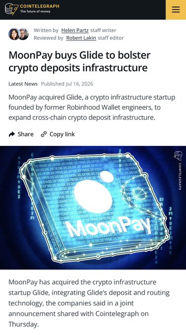 This image is a screenshot of a Cointelegraph article announcing MoonPay's acquisition of Glide. The article, titled "MoonPay buys Glide to bolster crypto deposits infrastructure," details how MoonPay is integrating Glide's technology to expand its crypto deposit infrastructure.