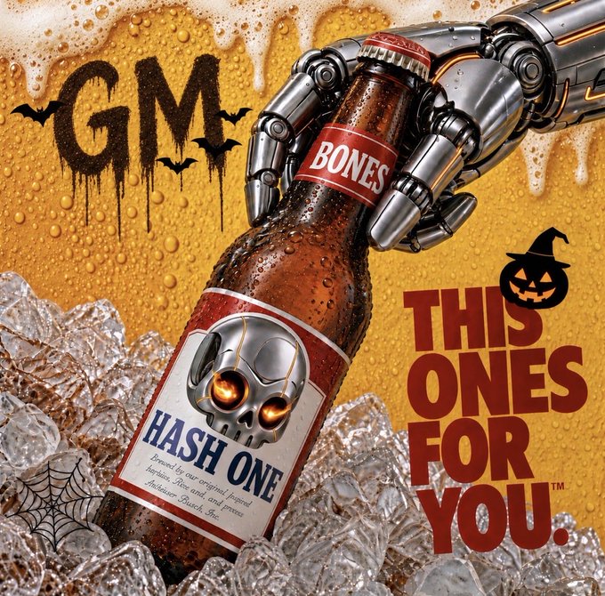 A promotional graphic shows a robotic hand grasping a brown beer bottle labeled 'BONES HASH ONE' on ice, with 'GM' in the corner and bold red text reading 'THIS ONES FOR YOU' alongside a jack-o'-lantern icon.
