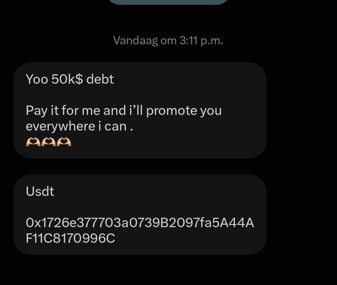 A screenshot of a chat message sent today at 3:11 p.m. where someone offers 50k in USDT at address 0x1726e377703a0739B2097fa5A44AF11C8170996C in exchange for promotion, fitting a post simply saying "Gn friends."