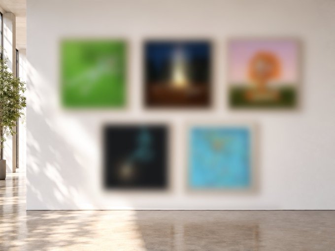 Five blurred framed artworks displayed on a white gallery wall, with a plant on the left side and natural light casting shadows on the polished floor.