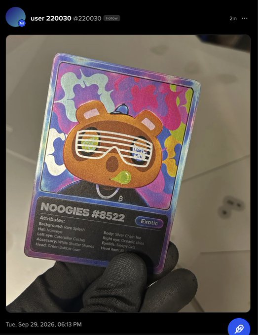 A social media post from user 220030 dated Tue, Sep 29, 2026 shows a hand in a black glove holding an NFT trading card labeled 'NOOGIES #8522' with 'Exotic' rarity and attributes including 'Noozypo' hat and 'Caterpillar Cactus' left eye.