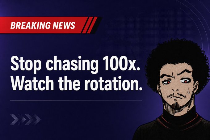 A 'Breaking News' graphic with the headline 'Stop chasing 100x. Watch the rotation.' alongside an illustrated portrait of a curly-haired man.