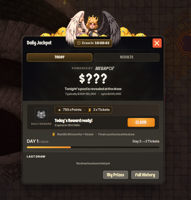 A 'Daily Jackpot' interface for a game powered by MegaPot displays a 'Tonight's pool' of $???? typically $350-$5,000, offering 750 xPoints for 2 tickets and a Day 1 streak progress bar.