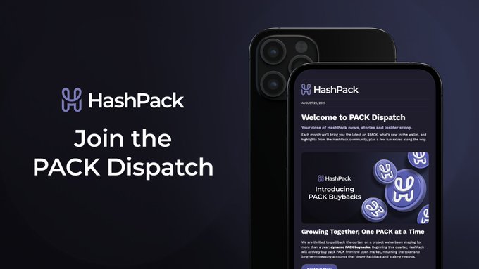 An advertisement for HashPack featuring "Join the PACK Dispatch" alongside a smartphone displaying the HashPack app interface with "PACK Buybacks" and "Growing Together, One PACK at a Time" text.