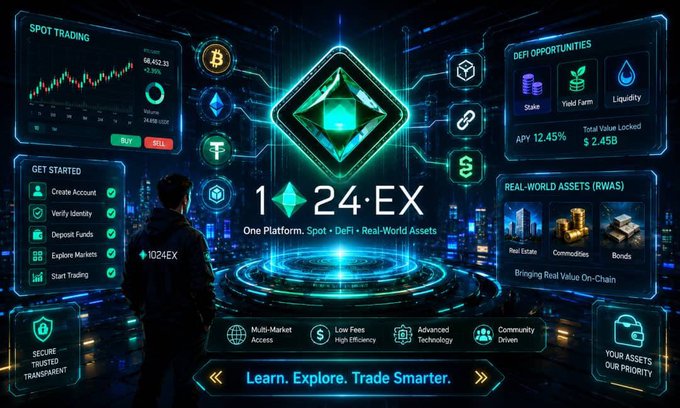 The image is a promotional graphic for "1024EX," a crypto exchange platform featuring a central diamond-shaped logo, with surrounding panels highlighting Spot Trading (BTC, ETH, USDT pairs with a chart), DeFi opportunities (12.45% APY, $2.45B Total Value Locked), and Real-World Assets (Real Estate, Commodities, Bonds). It visually reinforces the post's beginner's guide by showcasing the platform's all-in-one trading features—spot trading, DeFi, and RWAs—alongside a "Get Started" checklist (Create Account, Verify Identity, Deposit Funds, Explore Markets, Start Trading).