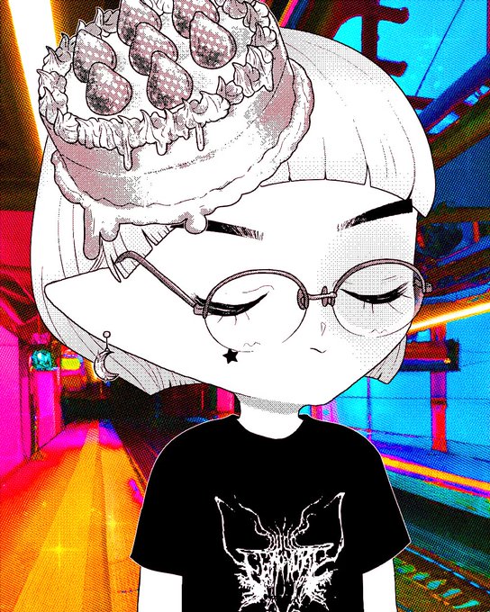 Anime-style illustration of a pale character with white hair, round glasses, a star mark on their cheek, and a strawberry cake balanced on their head, wearing a black t-shirt with a stylized white logo.