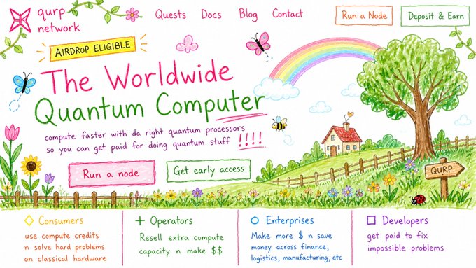 The image features a poster for a computer program called "The Worldwide Quantum Computer" with a rainbow arch over a field of flowers. The poster also includes text about the Proof of Useful Work (PoW) consensus protocol, which is an important aspect of the decentralized nature of the internet and its underlying architecture.